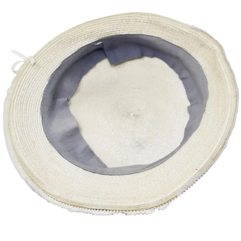 Vintage 50s Ivory Platter Hat w Rhinestone & Pleated Trim 11